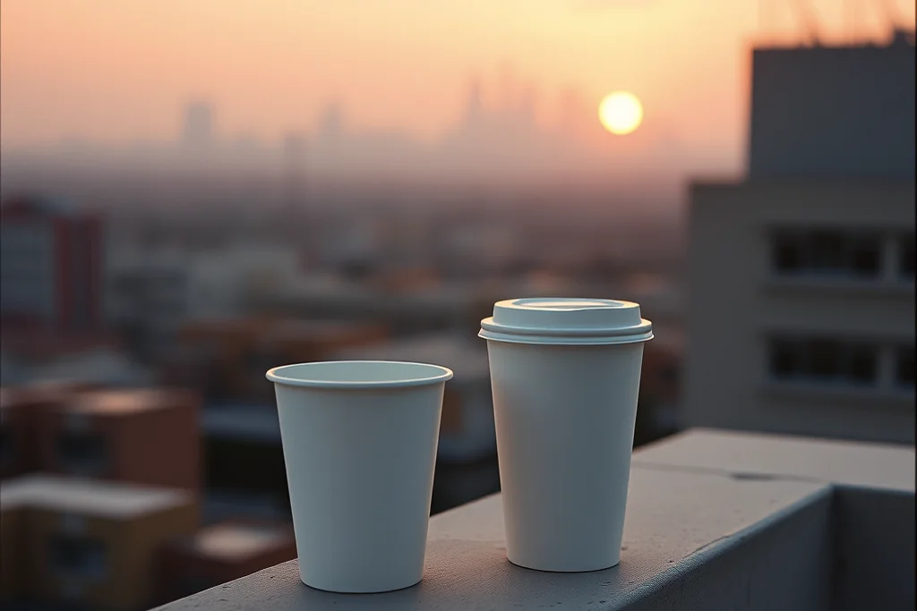 Fotografía de ambiente: dos cafés sobre el pretil de una azotea al amanecer.