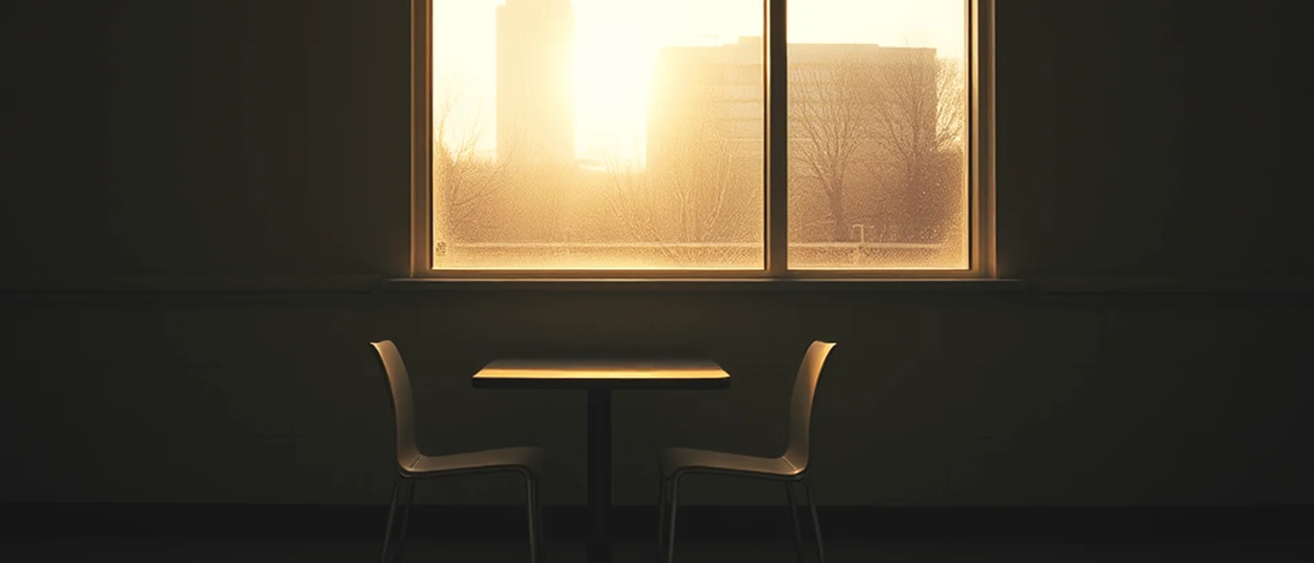 Fotografía de ambiente: la cafetería vacía de un hospital al amanecer, con dos sillas junto a la ventana.