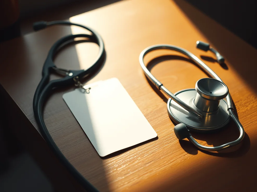 Fotografía de ambiente: una tarjeta identificativa en blanco y un fonendoscopio sobre una mesa, a primera hora.
